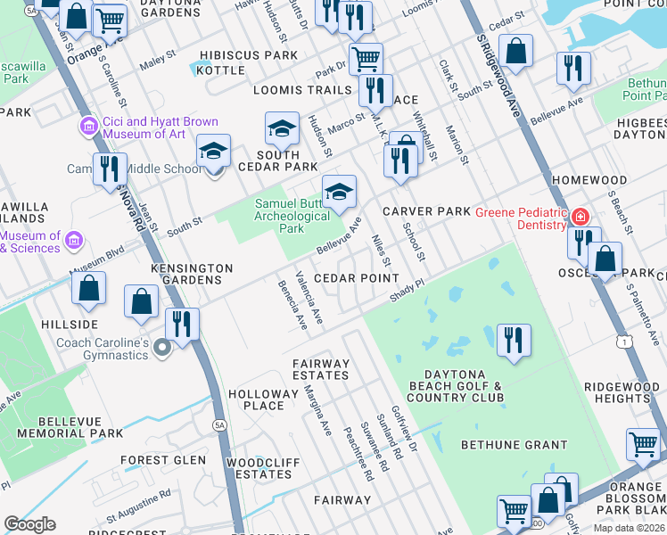 map of restaurants, bars, coffee shops, grocery stores, and more near 901 Lora Street in Daytona Beach