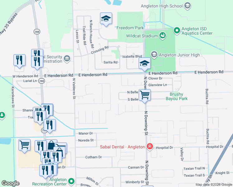 map of restaurants, bars, coffee shops, grocery stores, and more near 2836 North Remington Drive in Angleton