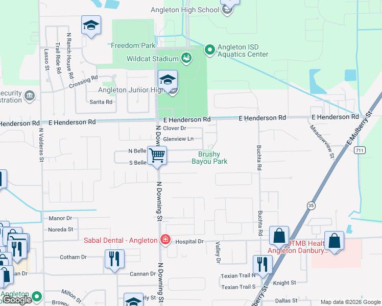 map of restaurants, bars, coffee shops, grocery stores, and more near 1312 Sagebrush Street in Angleton