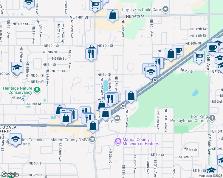 map of restaurants, bars, coffee shops, grocery stores, and more near 409 Northeast 26th Court in Ocala