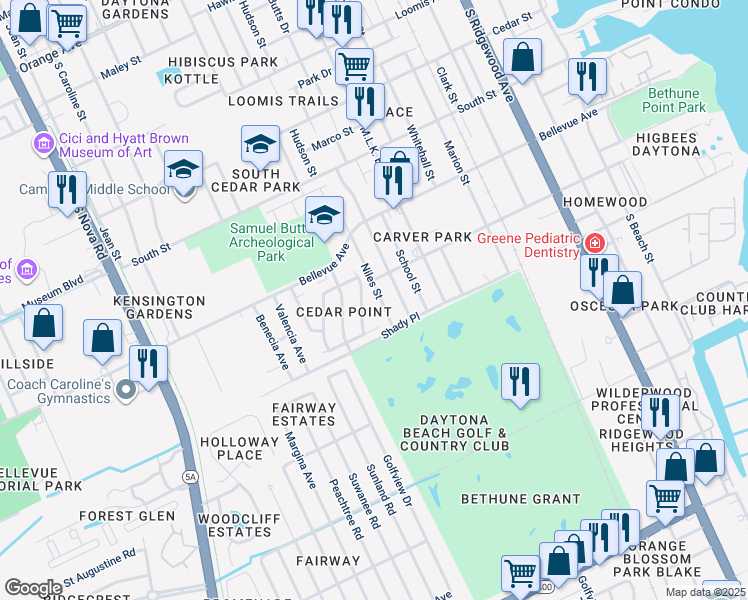 map of restaurants, bars, coffee shops, grocery stores, and more near 704 Kathy Court in Daytona Beach