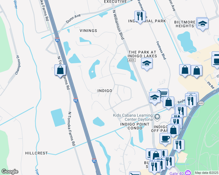 map of restaurants, bars, coffee shops, grocery stores, and more near 116 Innisbrook Circle in Daytona Beach