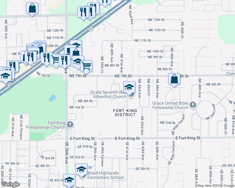 map of restaurants, bars, coffee shops, grocery stores, and more near 506 Northeast 40th Terrace in Ocala