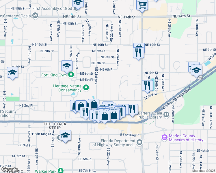 map of restaurants, bars, coffee shops, grocery stores, and more near 506 Northeast 22nd Avenue in Ocala