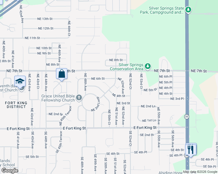 map of restaurants, bars, coffee shops, grocery stores, and more near 410 Northeast 5th Place in Ocala