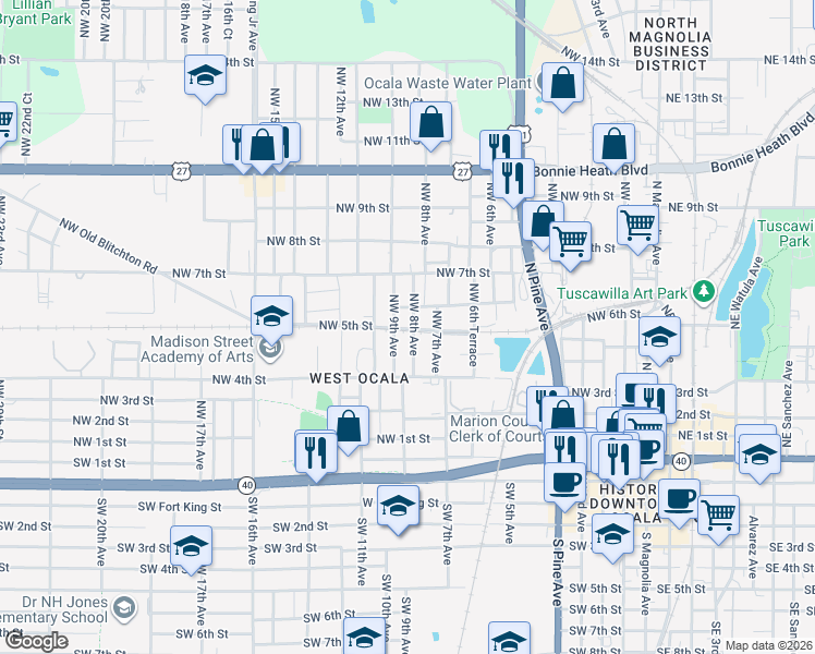 map of restaurants, bars, coffee shops, grocery stores, and more near 504 Northwest 8th Avenue in Ocala