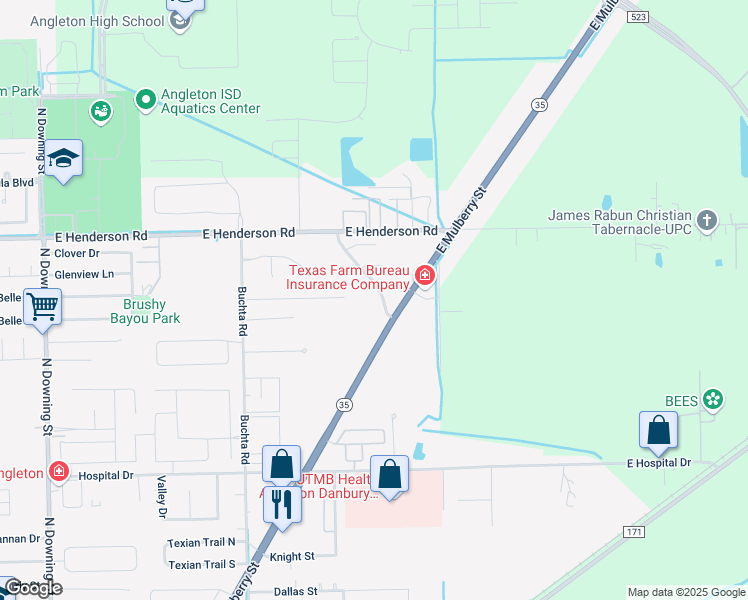 map of restaurants, bars, coffee shops, grocery stores, and more near 104 Meadowlark Lane in Angleton