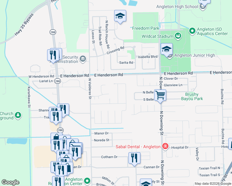 map of restaurants, bars, coffee shops, grocery stores, and more near 2837 Rimfire Drive in Angleton