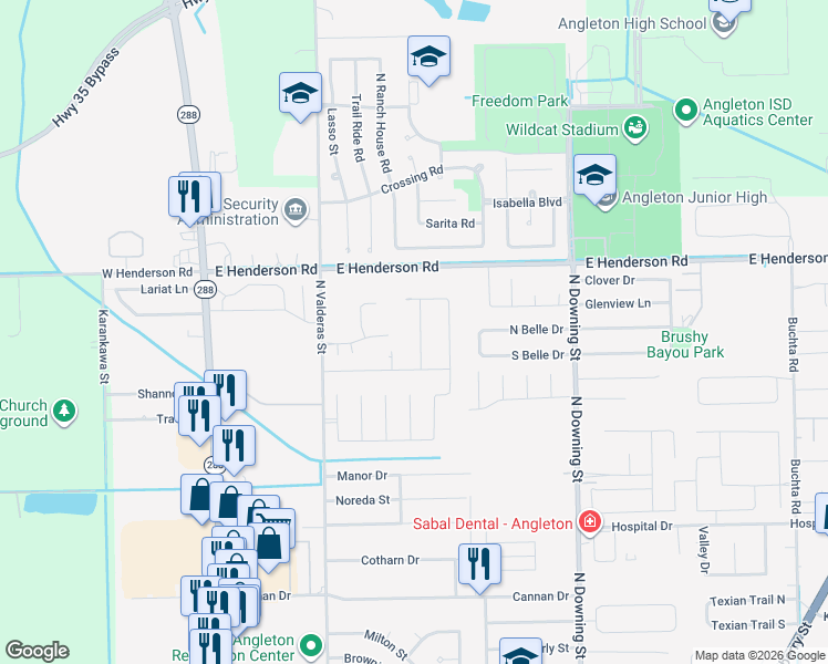 map of restaurants, bars, coffee shops, grocery stores, and more near 2837 Rimfire Drive in Angleton
