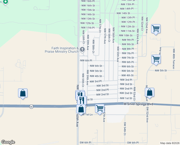 map of restaurants, bars, coffee shops, grocery stores, and more near 5840 Northwest 5th Street in Ocala