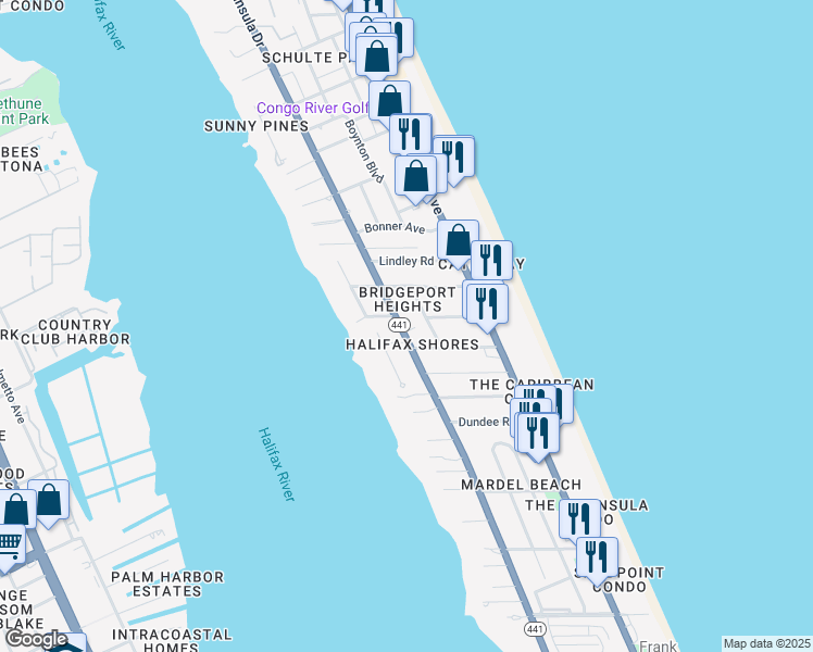 map of restaurants, bars, coffee shops, grocery stores, and more near 2323 Florida 441 in Daytona Beach