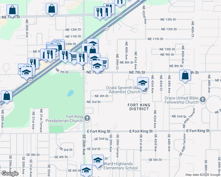 map of restaurants, bars, coffee shops, grocery stores, and more near 3849 Northeast 5th Street in Ocala