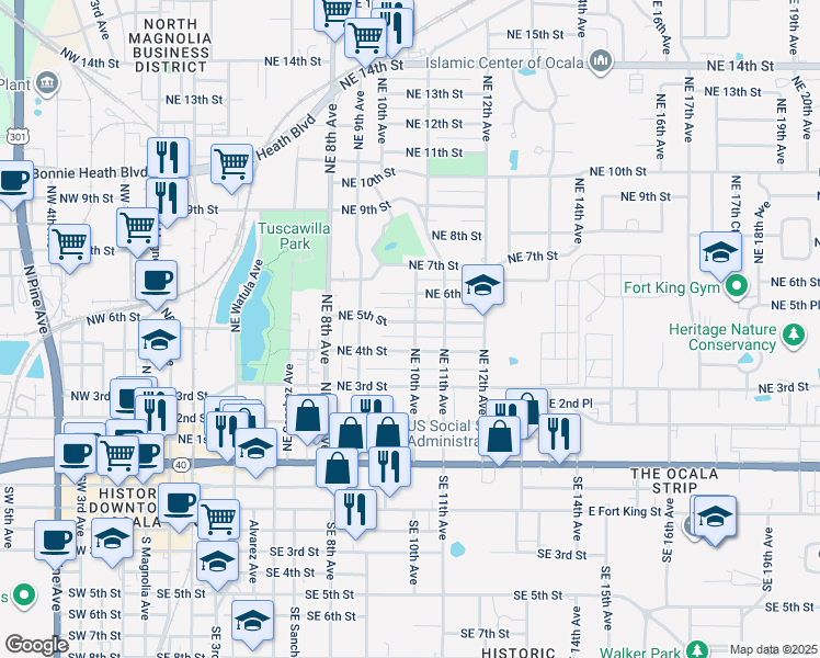 map of restaurants, bars, coffee shops, grocery stores, and more near 962 Northeast 5th Street in Ocala