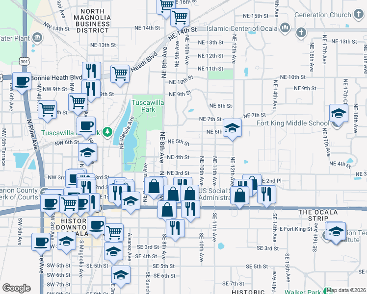 map of restaurants, bars, coffee shops, grocery stores, and more near 920 Northeast 5th Street in Ocala