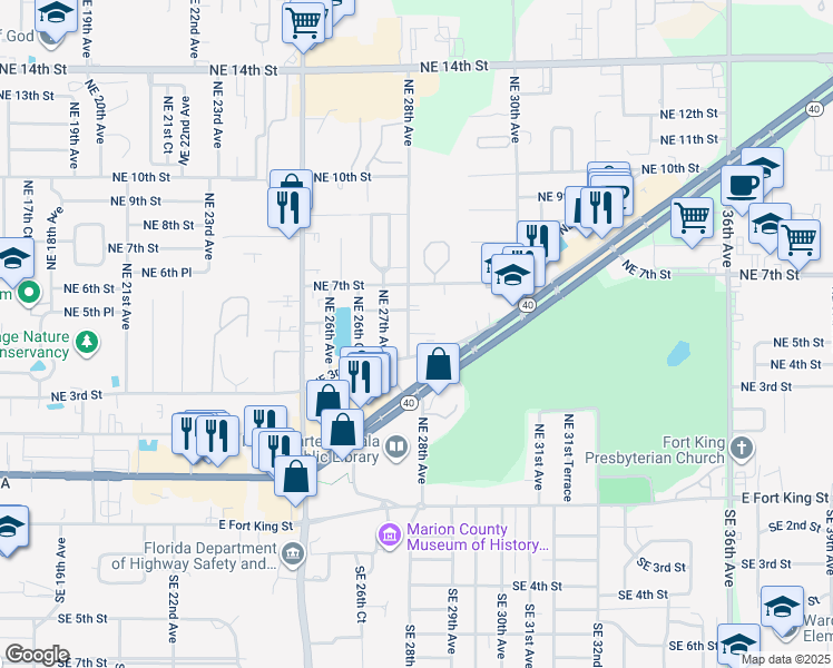 map of restaurants, bars, coffee shops, grocery stores, and more near 406 Northeast 28th Avenue in Ocala