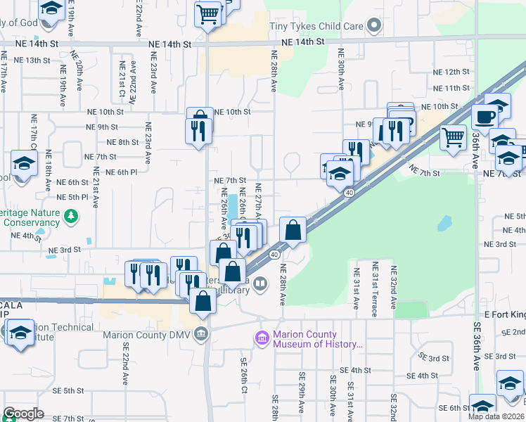 map of restaurants, bars, coffee shops, grocery stores, and more near 406 Northeast 28th Avenue in Ocala