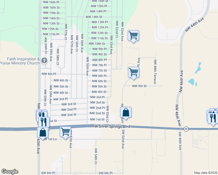 map of restaurants, bars, coffee shops, grocery stores, and more near 5366 Northwest 5th Street in Ocala