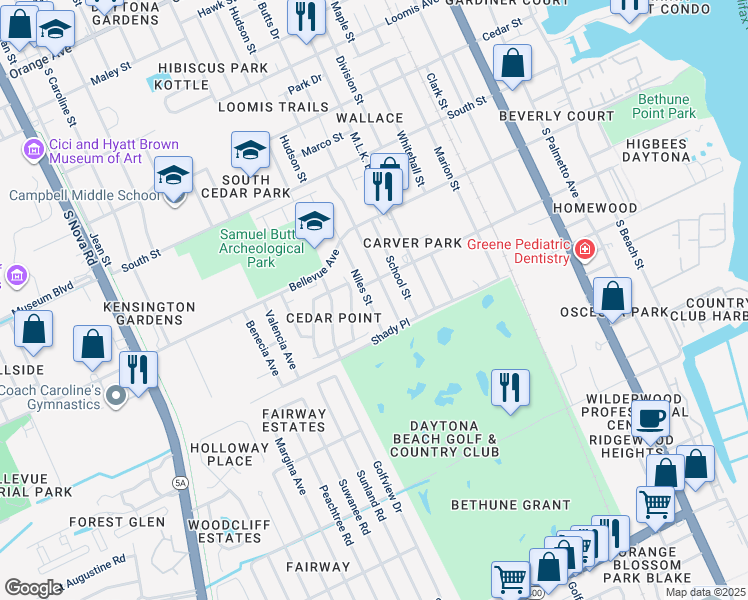 map of restaurants, bars, coffee shops, grocery stores, and more near 704 Kathy Court in Daytona Beach
