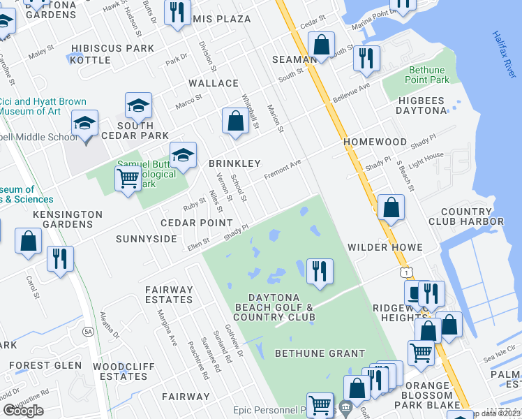 map of restaurants, bars, coffee shops, grocery stores, and more near 940 South Doctor Martin Luther King Junior Boulevard in Daytona Beach