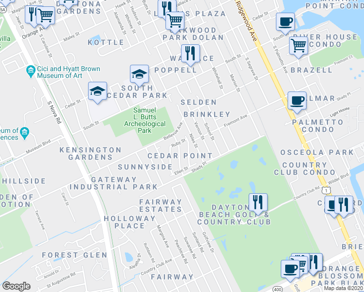 map of restaurants, bars, coffee shops, grocery stores, and more near 905 Lockhart Street in Daytona Beach