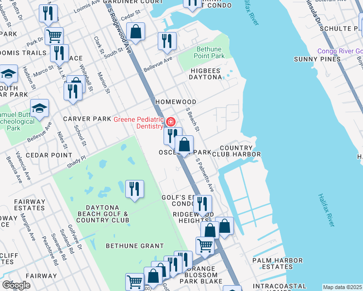 map of restaurants, bars, coffee shops, grocery stores, and more near 1132 Martha Drive in Daytona Beach