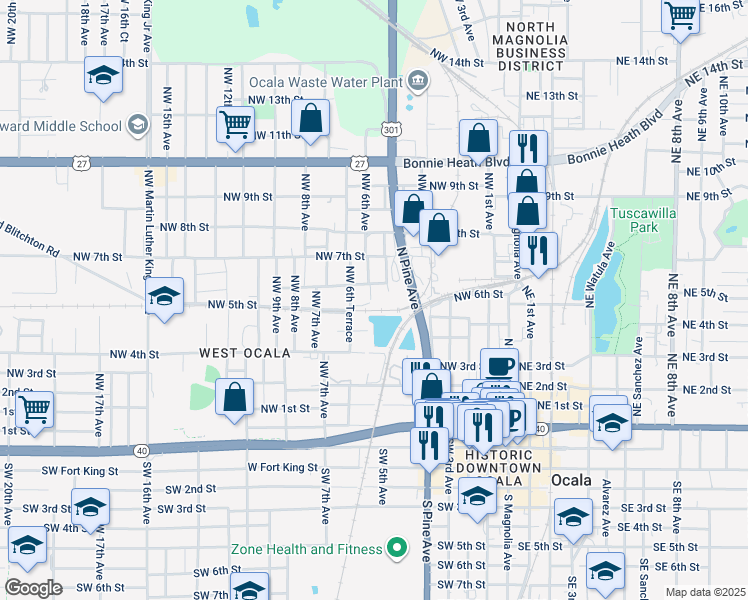 map of restaurants, bars, coffee shops, grocery stores, and more near 511 Northwest 4th Street in Ocala