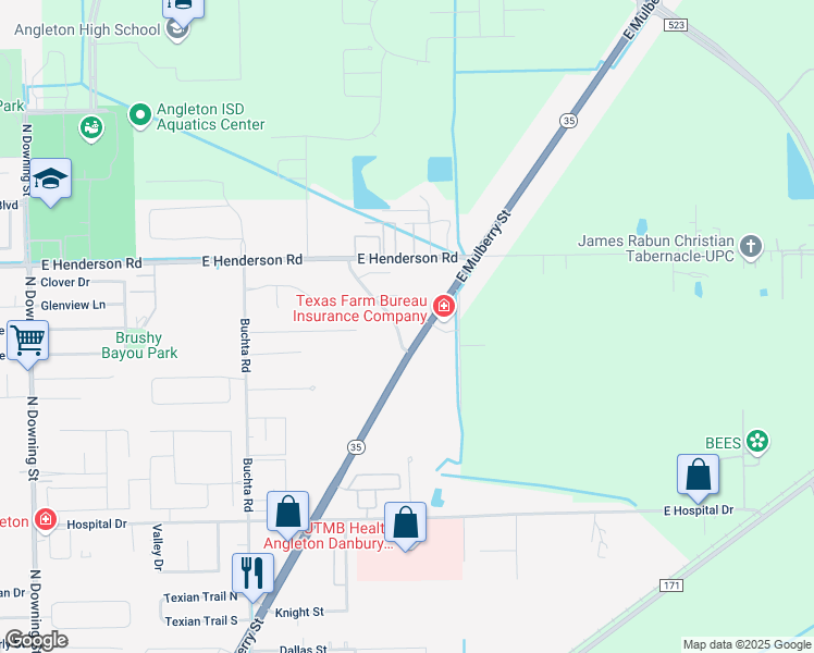 map of restaurants, bars, coffee shops, grocery stores, and more near 104 Meadowlark Lane in Angleton
