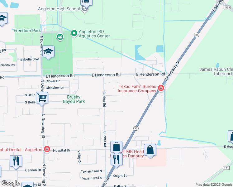 map of restaurants, bars, coffee shops, grocery stores, and more near 201 La Laja Drive in Angleton