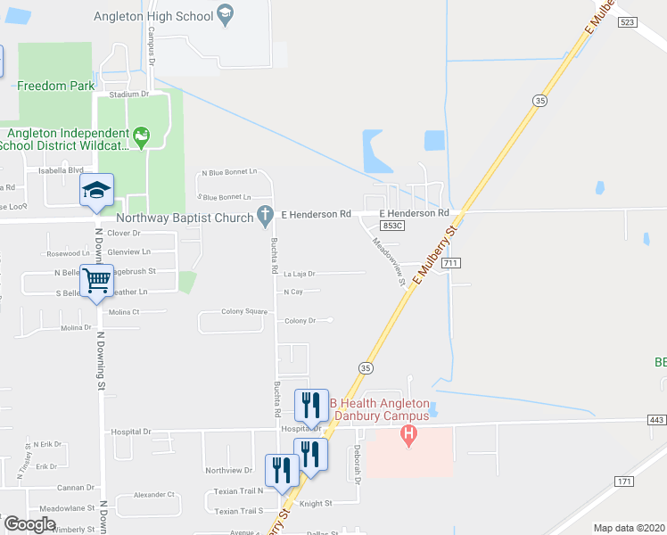 map of restaurants, bars, coffee shops, grocery stores, and more near 225 La Laja Drive in Angleton