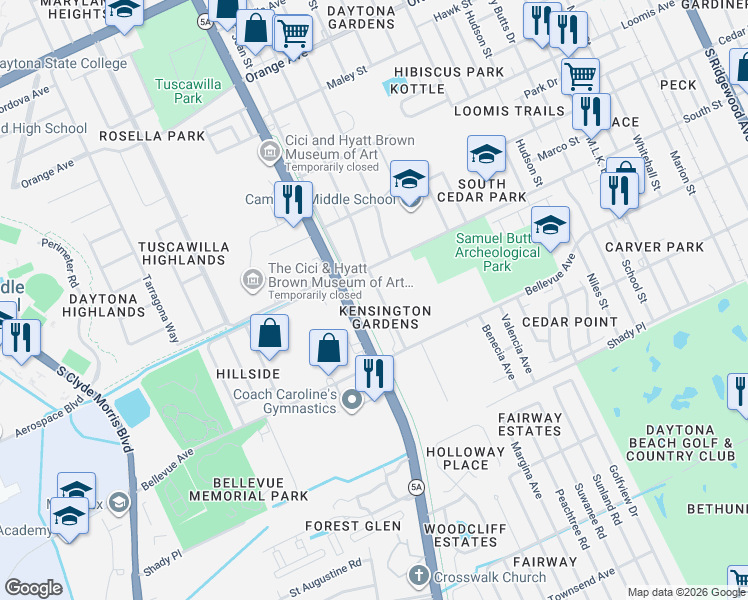 map of restaurants, bars, coffee shops, grocery stores, and more near 740 South Caroline Street in Daytona Beach