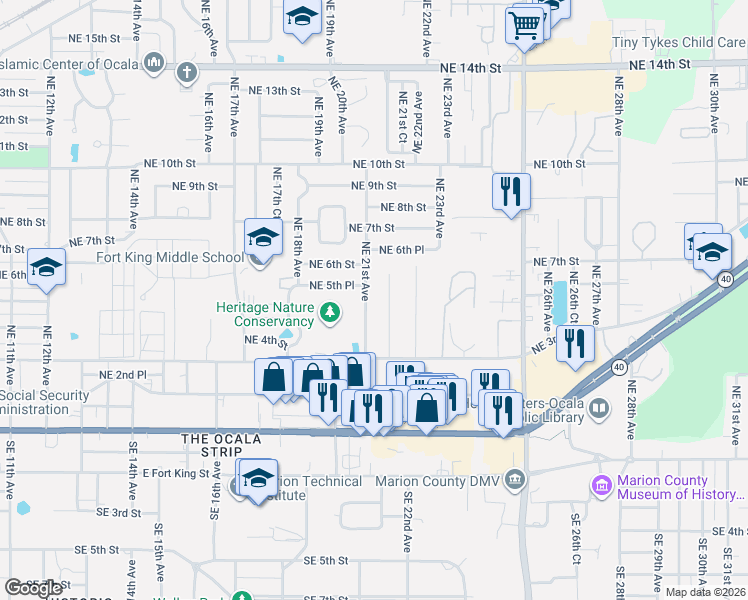 map of restaurants, bars, coffee shops, grocery stores, and more near 507 Northeast 21st Avenue in Ocala