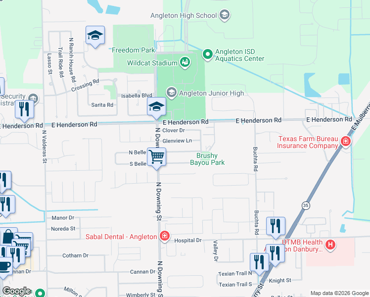 map of restaurants, bars, coffee shops, grocery stores, and more near 1312 Sagebrush Street in Angleton