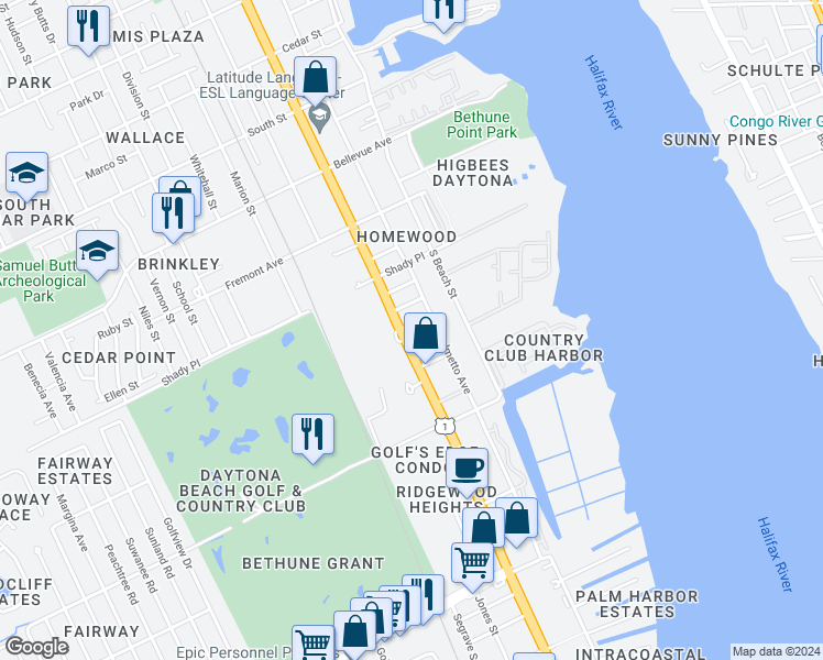 map of restaurants, bars, coffee shops, grocery stores, and more near 1132 Martha Drive in Daytona Beach