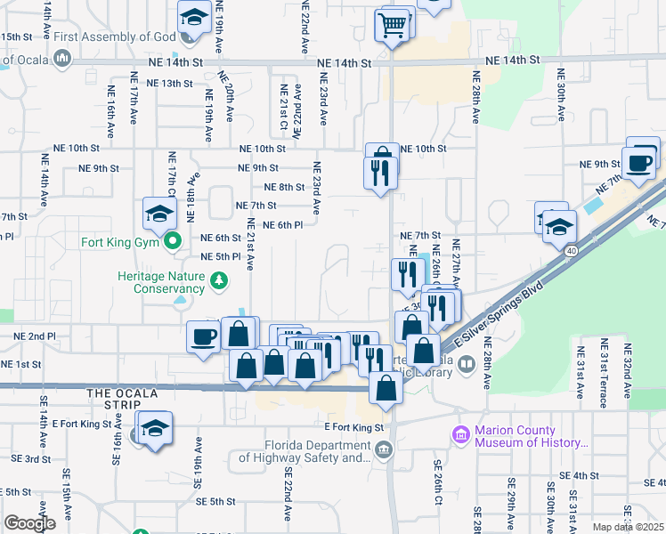 map of restaurants, bars, coffee shops, grocery stores, and more near 308 Northeast 23rd Circle in Ocala