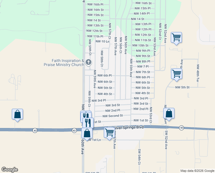 map of restaurants, bars, coffee shops, grocery stores, and more near 5763 Northwest 4th Street in Ocala
