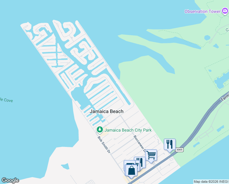 map of restaurants, bars, coffee shops, grocery stores, and more near 16511 Bermuda Way in Jamaica Beach