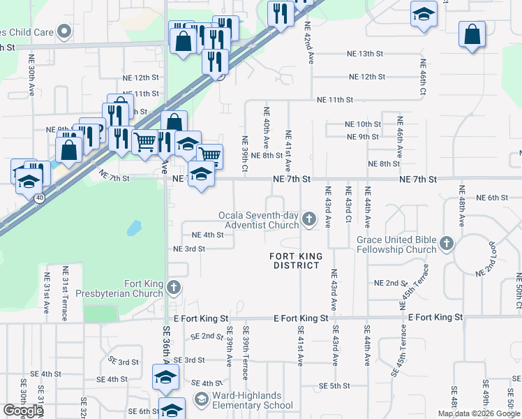 map of restaurants, bars, coffee shops, grocery stores, and more near 410 Northeast 40th Avenue in Ocala
