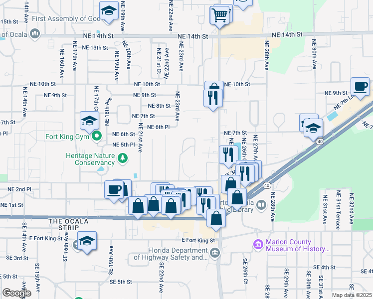 map of restaurants, bars, coffee shops, grocery stores, and more near 308 Northeast 23rd Circle in Ocala