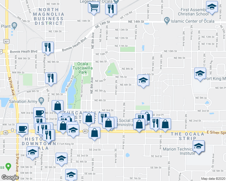 map of restaurants, bars, coffee shops, grocery stores, and more near 955 Northeast 5th Street in Ocala