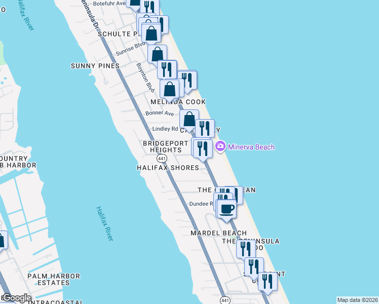 map of restaurants, bars, coffee shops, grocery stores, and more near 122 Minerva Road in Daytona Beach