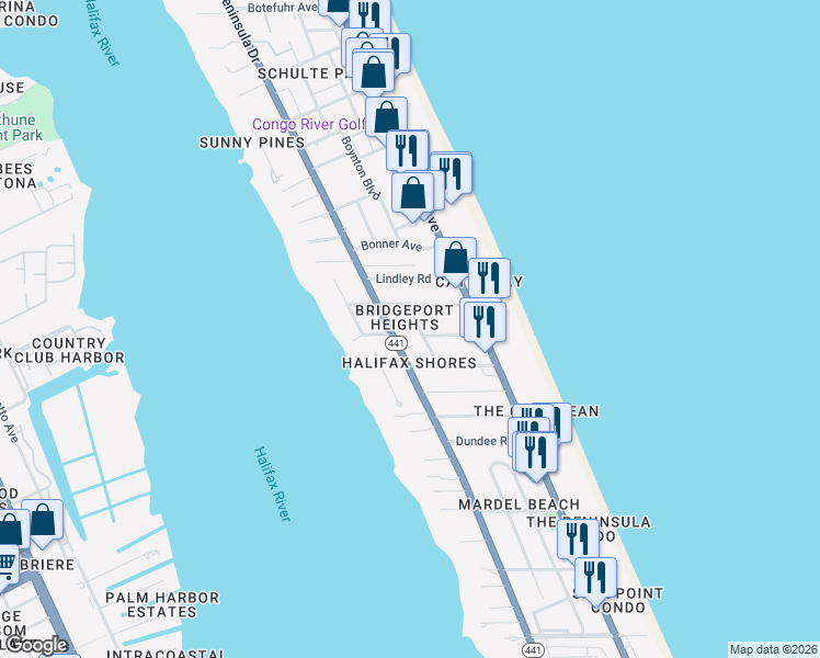 map of restaurants, bars, coffee shops, grocery stores, and more near 2323 Florida 441 in Daytona Beach