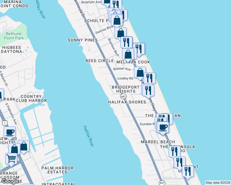map of restaurants, bars, coffee shops, grocery stores, and more near 2320 South Halifax Drive in Daytona Beach