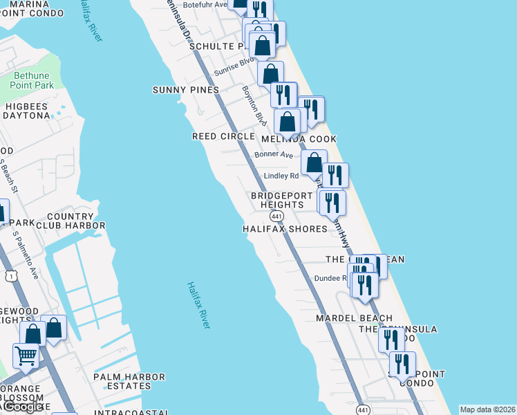 map of restaurants, bars, coffee shops, grocery stores, and more near 2320 South Halifax Drive in Daytona Beach