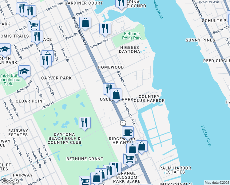 map of restaurants, bars, coffee shops, grocery stores, and more near 1132 Martha Drive in Daytona Beach