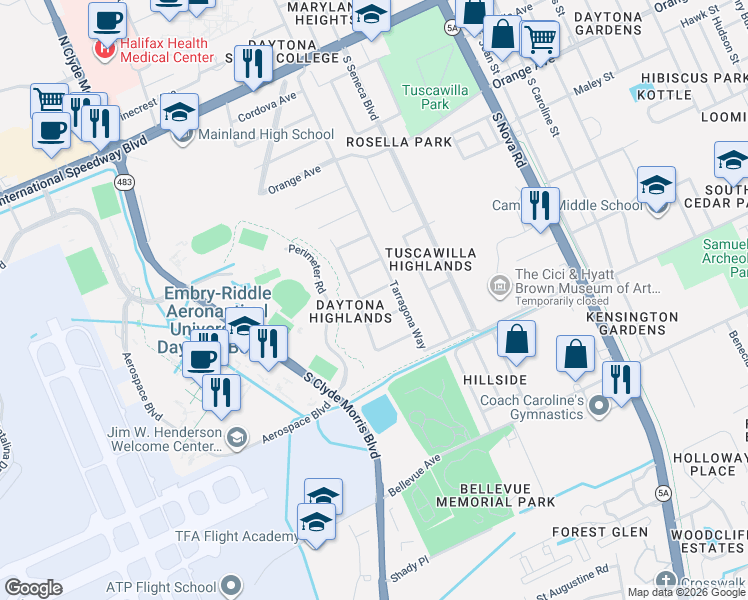 map of restaurants, bars, coffee shops, grocery stores, and more near 1111 Cedar Street in Daytona Beach