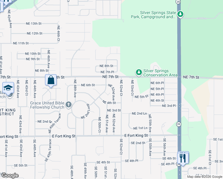 map of restaurants, bars, coffee shops, grocery stores, and more near 430 Northeast 52nd Avenue in Ocala