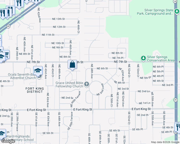 map of restaurants, bars, coffee shops, grocery stores, and more near 439 Northeast 47th Court in Ocala