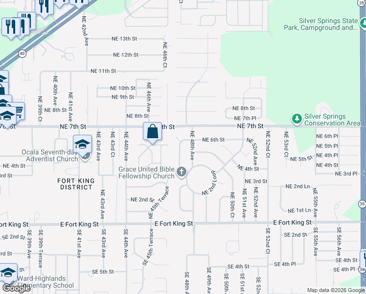 map of restaurants, bars, coffee shops, grocery stores, and more near 439 Northeast 47th Court in Ocala