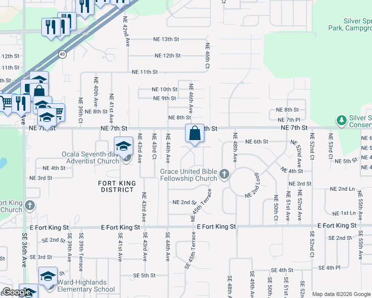 map of restaurants, bars, coffee shops, grocery stores, and more near 536 Northeast 45th Court in Ocala