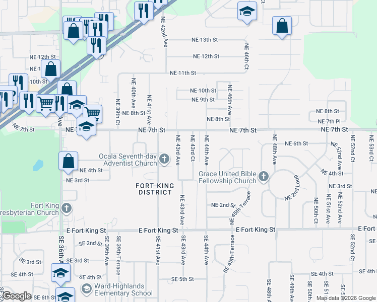 map of restaurants, bars, coffee shops, grocery stores, and more near 358 Northeast 43rd Court in Ocala